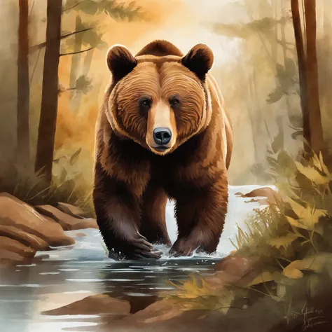 Clip-art de um urso marrom fofo desenhado em aquarela