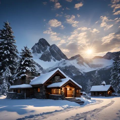 finest image, (8k, RAW photo, realistic), Mountain hut in the snowy mountains in winter, It has a strong structure with an acute...