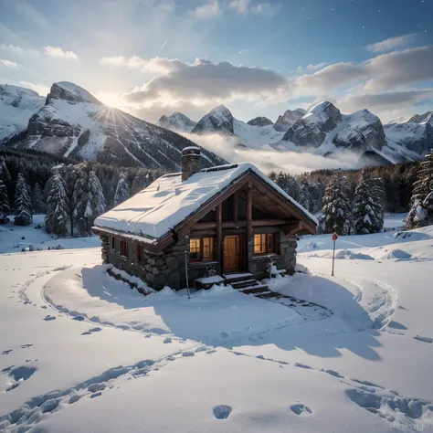 finest image, (8k, RAW photo, realistic), Mountain hut in the snowy mountains in winter, It has a strong structure with an acute...
