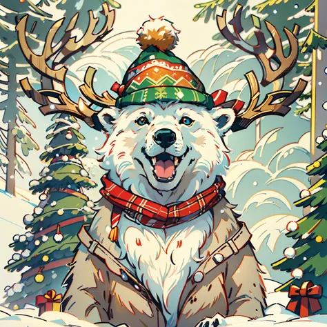 "cute Polar Bear smile wearing a reindeer hat and a bow tie, pine tree Snow behind, merry Christmas style, ultra-high detail, ((...
