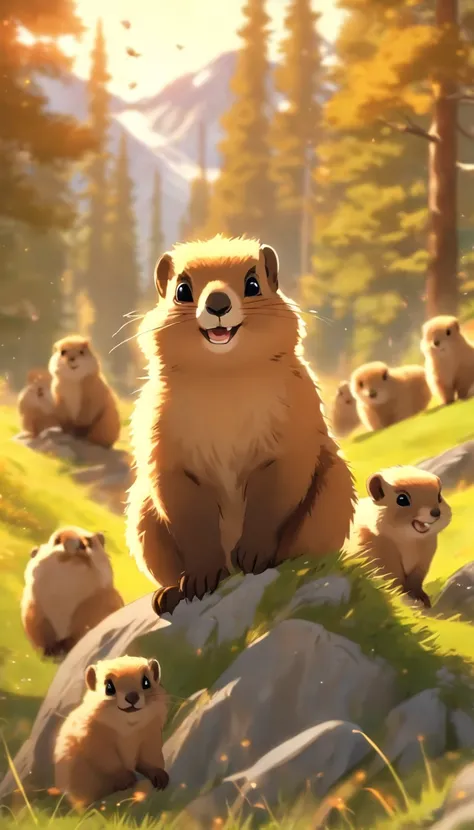 (best quality,ultra-detailed),lots of mountain marmots,breathtaking landscape,playful,curious expressions,soft fur,glistening ey...