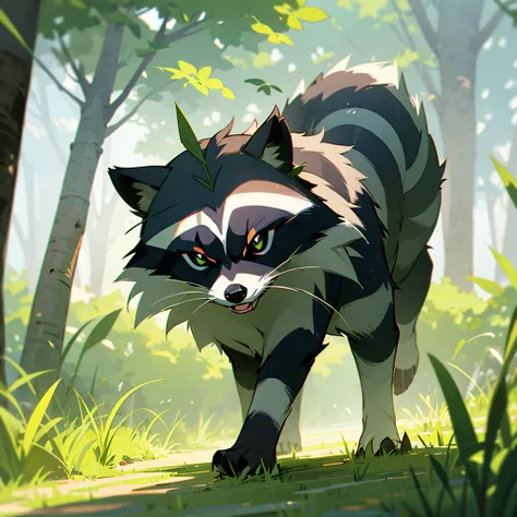 the raccoon crossing, green meadow environment, sunny, focus on raccoon face
