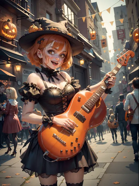 Rock n roll scene，There are drum kits and basses，The lead singer in a pumpkin costume sings loudly in the spotlight！There are a ...