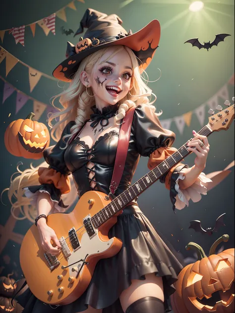 Rock n roll scene，There are drum kits and basses，The lead singer in a pumpkin costume dances in the spotlight！There are a lot of...