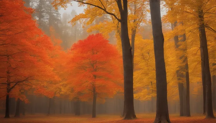 Serene autumn landscape with a forest of maple trees with leaves in bright orange shades, rot, and yellow. medium: a  photo of a...