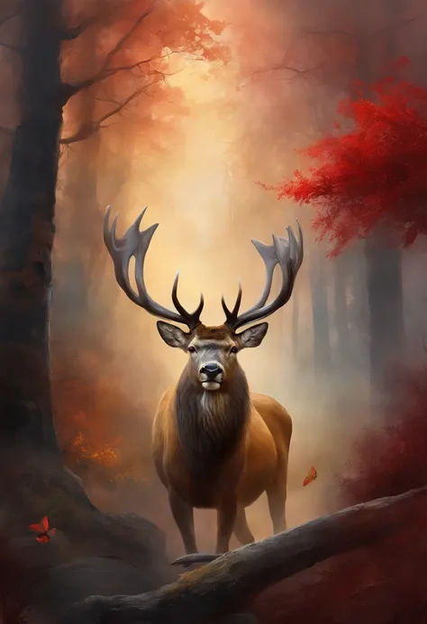 "((Masterpiece)) Red deer in ((Foggy)) ,((Magical dark forest :1.2))at dusk at golden hour, with ((It is recommended to use stro...