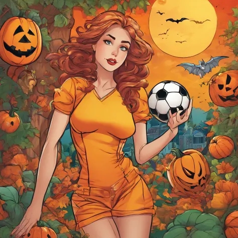 A sexy woman, wearing a soccer uniform, plays soccer with Halloween decorations in a garden. The woman has beautiful detailed ey...
