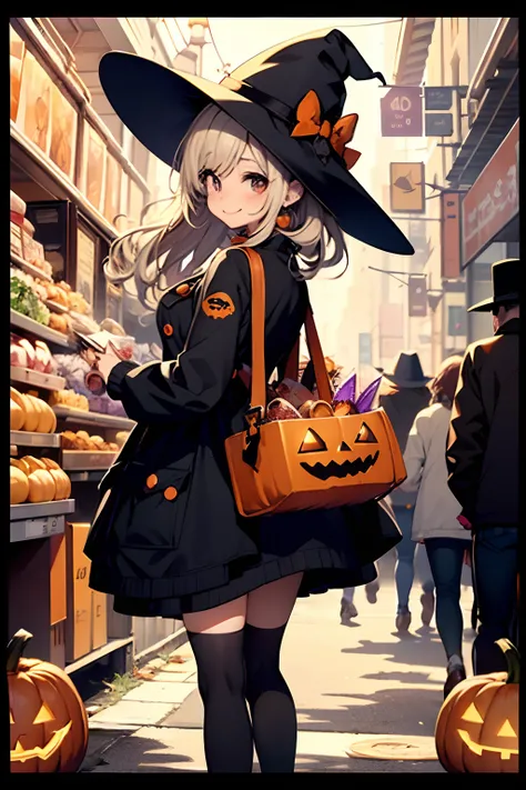 Cute Halloween Theme、full body Esbian、Eye Up、A smile、 Cute poses、Glamorous Hat、Halloween Accessories、Draw clothes buttons and po...
