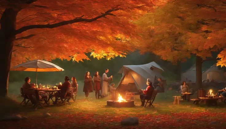A place with red, yellow, and green autumn leaves, Japanese people, a bonfire, a 4WD vehicle, four adults drinking coffee around...