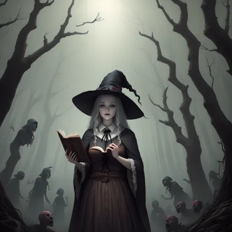 Witch holding a book, Surrounded by zombies