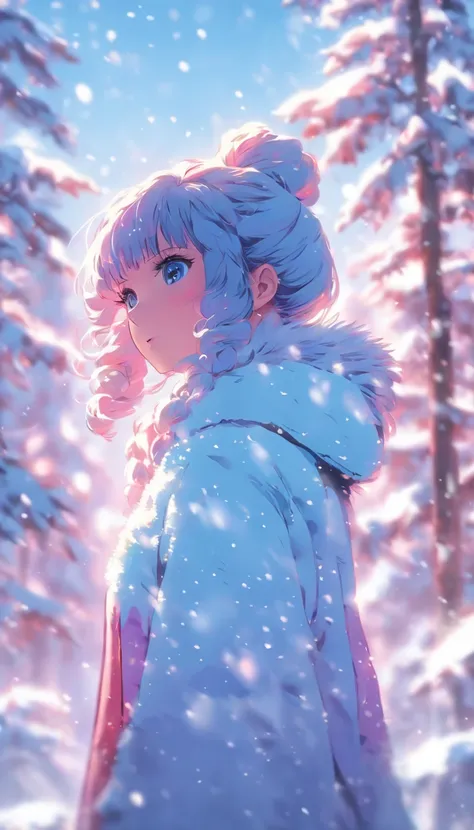 Rear view, with their face not visible.A woman standing in a fantastic snowy landscape。She is depicted in the style of pop art,、...