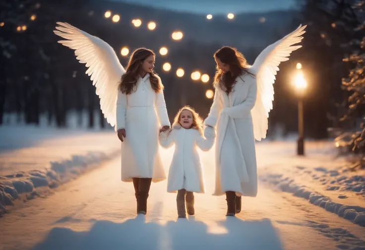 MOTHER AND DAUGHTERS WEARING WHITE ANGELIC CLOTHES, coroas de prata, FADAS DE INVERNO, inverno, noite, Nevando, cane, 8k, detalh...