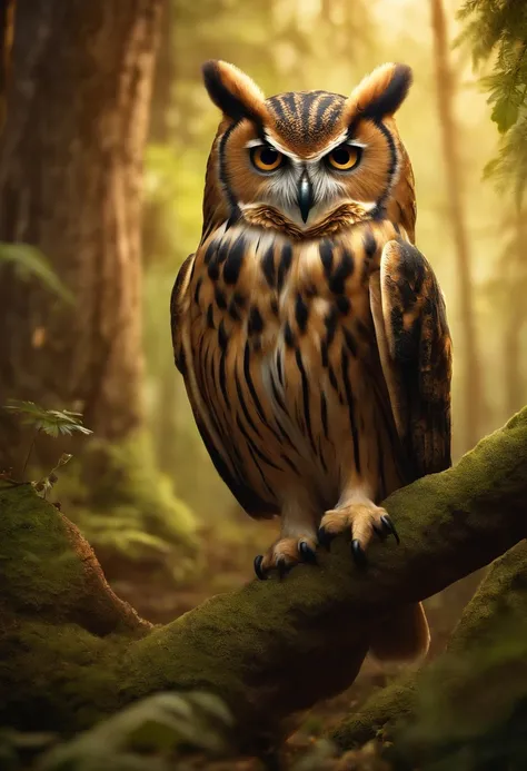 Create a 3D scene of a wise owl teacher, ensinando filhotes de coruja em uma floresta encantada. The owl teacher should be frien...