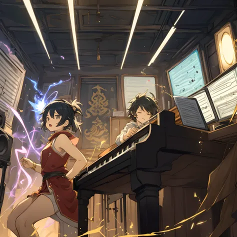 An illustration in the style of fan art depicting an East Asian female protagonist with sound manipulation powers, and a Latino ...