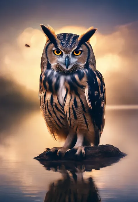 The owl caught a mouse，Fly over the water，inverted image，Sharp focus，Bokeh，depth of fields，Works of masters，super-fine，Hyper-rea...