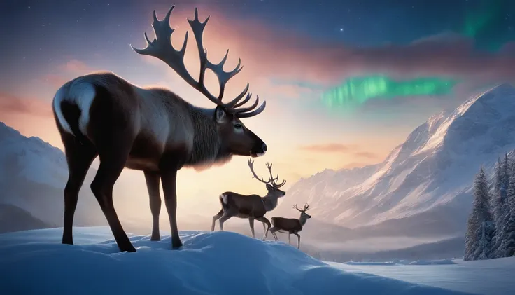 Fantasyart, Best Quality,hight resolution,(masutepiece:1.2),Ultra-detailed,Reindeer in the foreground,Multiple reindeer,Beautifu...