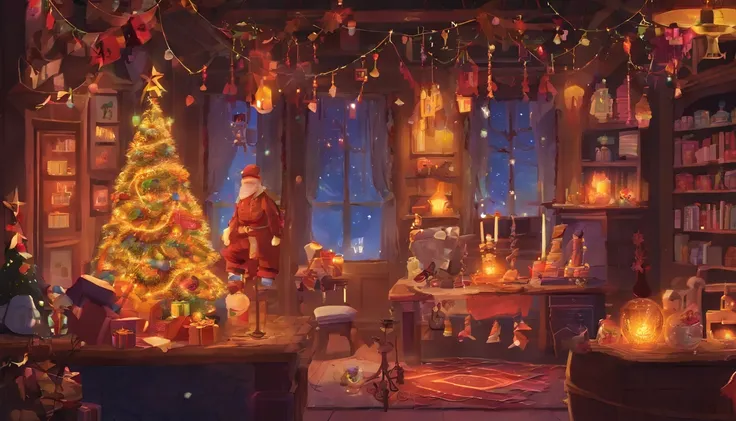 Design a Christmas card，There is a fantastic and fantastical scene on it，Knitting is highlighted, crochet hook, and sewing. Imag...