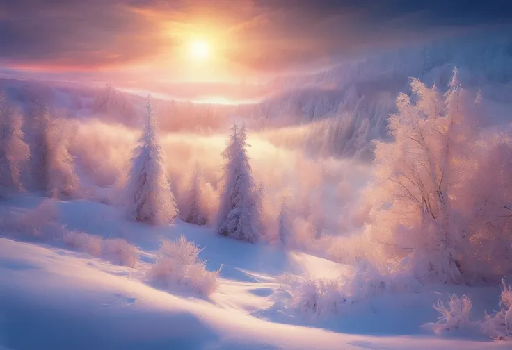 at winter season，Oyuki，snow landscape，（（（Rime））），coyote，rays of sunshine，thin fog，Dingdall effect，super-fine，tmasterpiece，8K，dep...