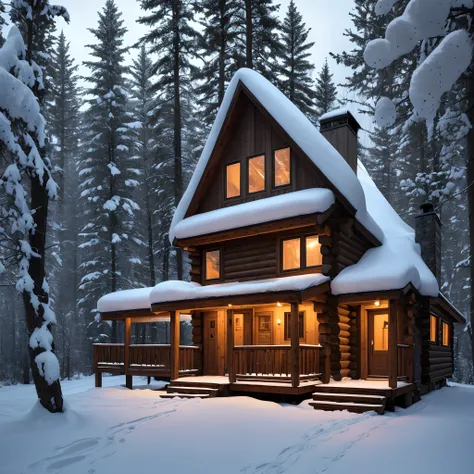"A cozy, snow-covered cabin nestled in a serene forest, with a warm, inviting glow from its windows