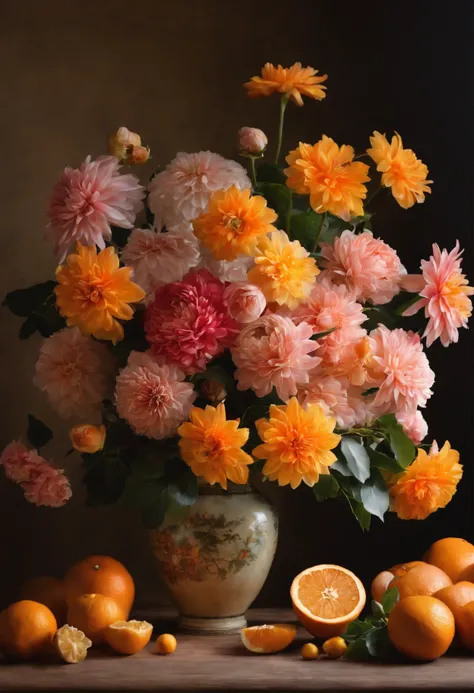 There is a vase on the table，It is covered with flowers and oranges, a pastel inspired by François Boquet, unsplash, baroque, Ma...