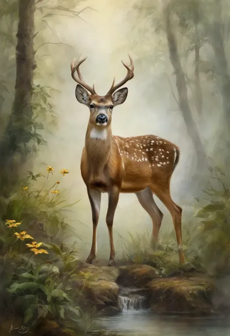 rivulets，jungles，Flowers，sika deer，steamy，smog，Immortal，super-fine，Hyper-realistic，Ultra photo realsisim，tmasterpiece，8K，on focu...