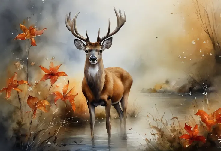 ink and watercolor painting，water ink，ink，Smudge，rivulets，jungles，Flowers，sika deer，steamy，smog，Immortal，super-fine，Hyper-realis...