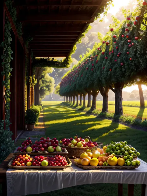In a sunlit orchard bathed in a warm, golden glow, a vibrant scene unfolds, showcasing a kaleidoscope of healthy fruits that evo...