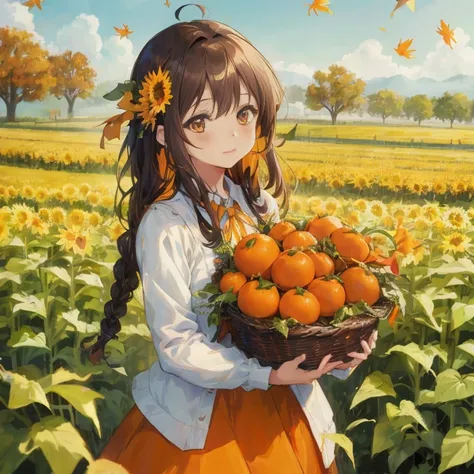 Anime girl holding an orange basket in a field, the goddess of autumn harvest, 🍁 Cute, Beautiful sunflower anime girl, 4 k manga...