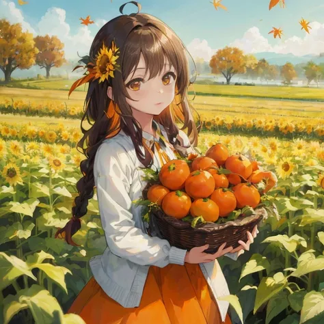 Anime girl holding an orange basket in a field, the goddess of autumn harvest, 🍁 Cute, Beautiful sunflower anime girl, 4 k manga...