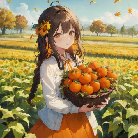 Anime girl holding an orange basket in a field, the goddess of autumn harvest, 🍁 Cute, Beautiful sunflower anime girl, 4 k manga...