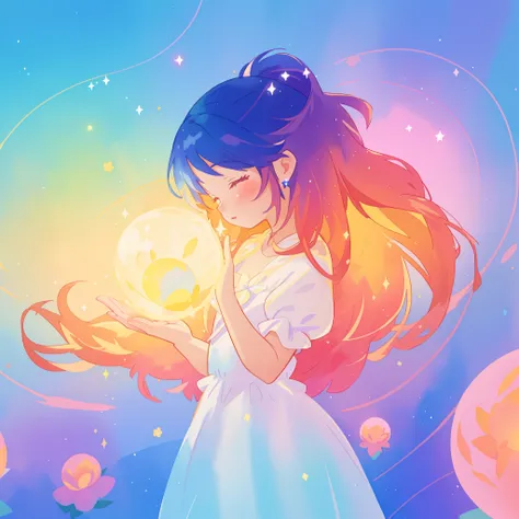 beautiful girl in sparkling white dress holding a glowing magical sphere, glowing ballgown, long colorful hair, colorful fantasi...