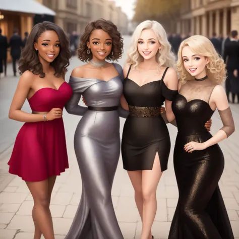 Trois Filles africaine 32k souriante  robes de soirée chic