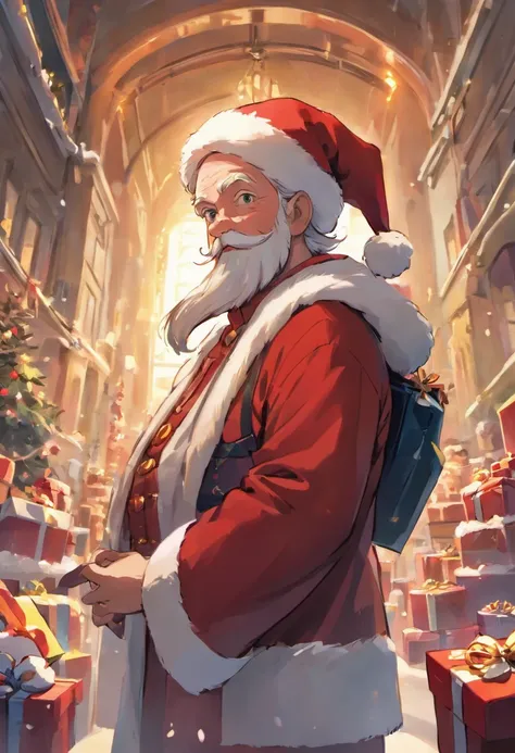 santa：A kind old man，Wearing red coat and hat，White beard and smiling facial expression。Correct anatomy，Eyes in focus，bokeh，Faci...