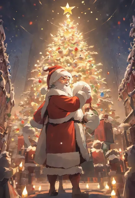 A Santa Claus delivering presents，the night，Cartoon illustration style，retro tone，Christmas tree，glowing effect，depth of fields，...