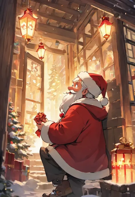A kind old man，Wearing red coat and hat，White beard and smiling facial expression，Santa Claus holding a big bag or gift box，Fill...