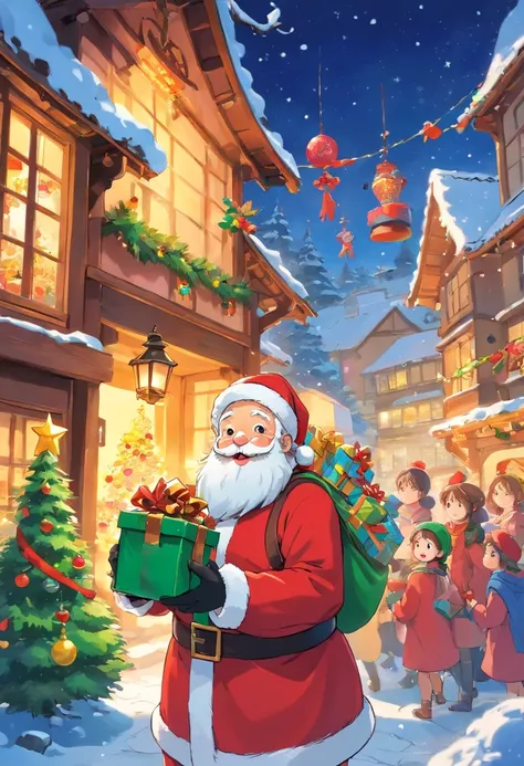 A kind old man，Wearing red coat and hat，White beard and smiling facial expression，Santa Claus holding a big bag or gift box，Fill...