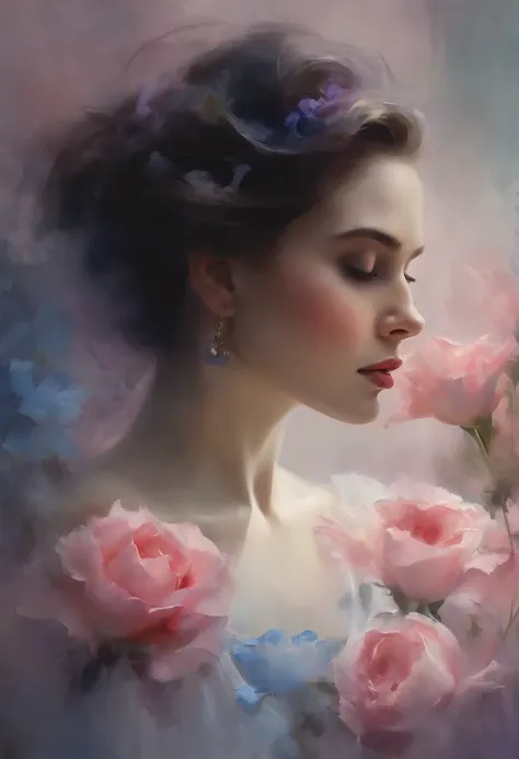 1girl,flor, Lisianthus ,En el estilo de rosa claro y azul claro, dreamy and romantic compositions, pale pink, ethereal foliage, ...