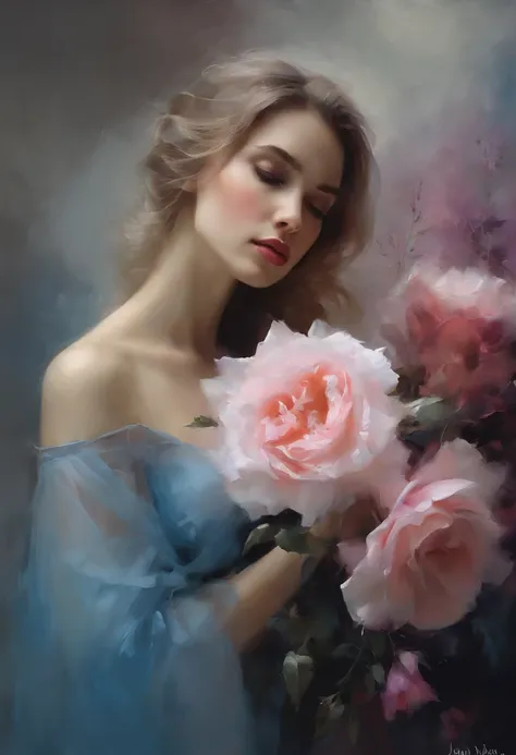 1girl,Flor, Lisianthus ,En el estilo de rosa claro y azul claro, dreamy and romantic compositions, pale pink, ethereal foliage, ...