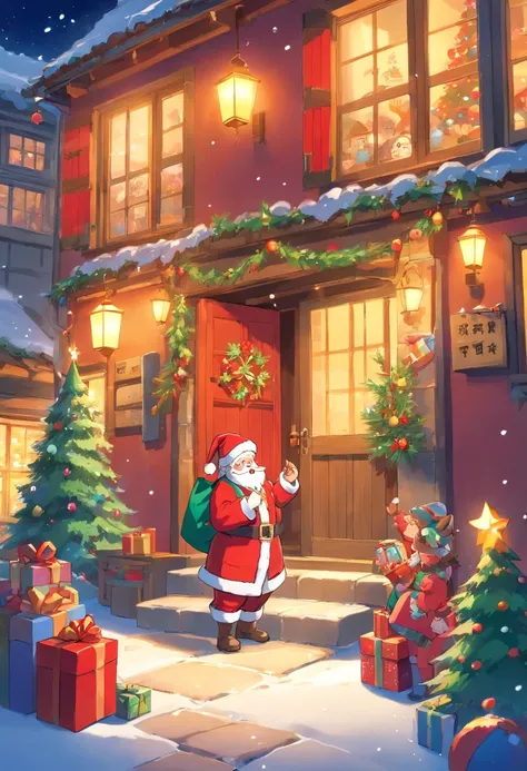 A kind old man，Wearing red coat and hat，White beard and smiling facial expression，Santa Claus holding a big bag or gift box，Fill...