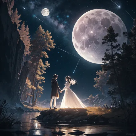 tmasterpiece, Better quality, ultra - detailed, illustratio, Couple holding hands in love under moonlight, Full moon in dark sky...