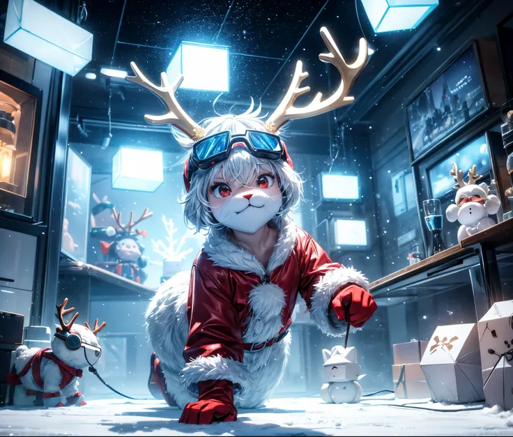 Reindeer, (blind box toy style:1.2), nuttcraker toy, (Full Body Shot) ,  1 Transparent Santa claus, Behind him is a snowman and ...