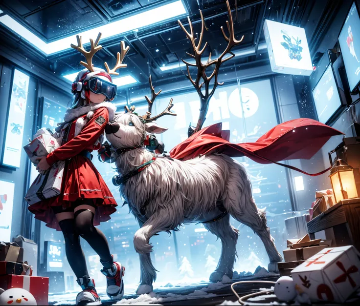 Reindeer, (blind box toy style:1.2), nuttcraker toy, (Full Body Shot) ,  1 Transparent Santa claus, Behind him is a snowman and ...