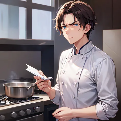 ​masterpiece、hightquality、25 year old man with short brown hair and blue eyes、Like a cartoon in Japan、wearing a white chef&#39;s...