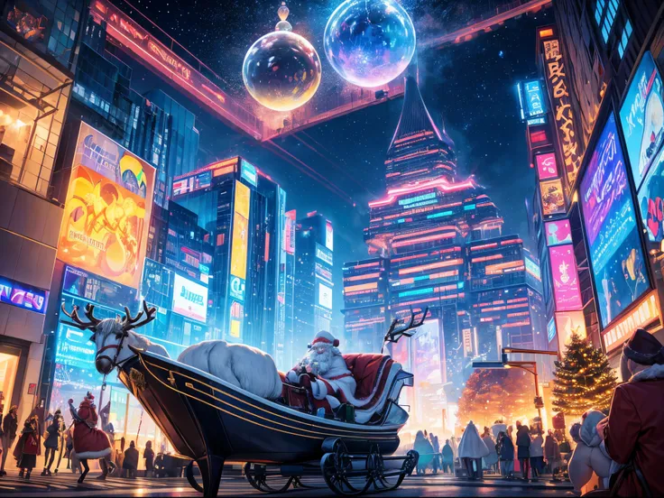 Imagine Santa Claus and his reindeer sleigh in a futuristic cityscape. The iridescent plasma fractals illuminate the towering sk...