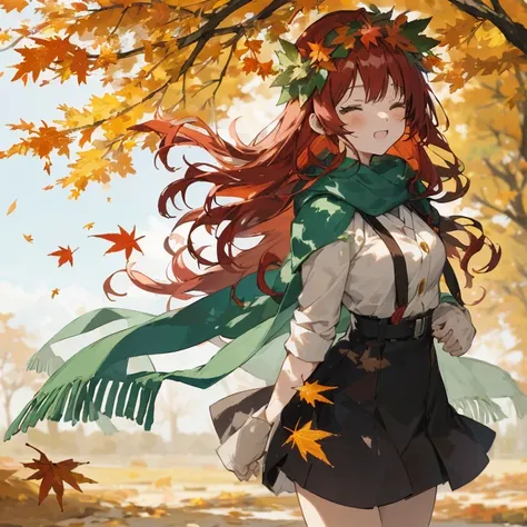 Anime girl with long red hair and green scarf standing in front of a tree, The wind blows the leaves, Goddess of Autumn, in autu...