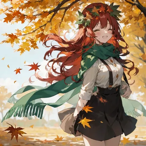 Anime girl with long red hair and green scarf standing in front of a tree, The wind blows the leaves, Goddess of Autumn, in autu...