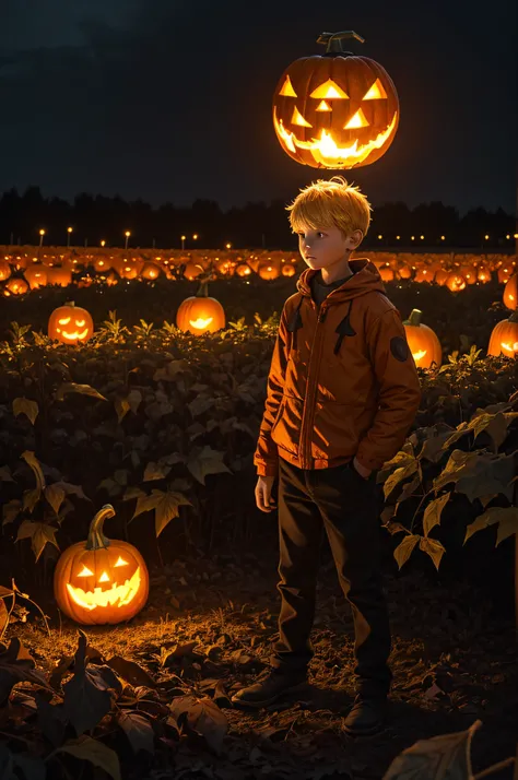 a boy standing in a dark pumpkin field with a giant pumpkin monster, his head is a giant harvest and his body is a slender dead ...