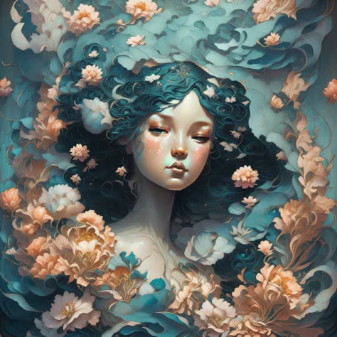 Pintura de uma mulher com flores no cabelo, James Jean e Wlop, Tiago Jean Andrei Riabovitchev, Artgerm e James Jean, inspirado p...