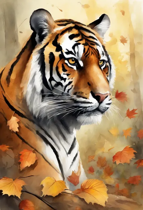 A tiger, fallen leaves, autumn, early morning, light yellow tone, ultra-fine, carefully drawn, high quality, 8k, Miyazaki animat...