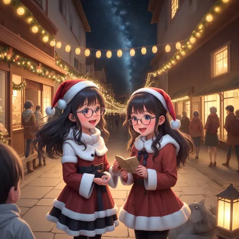Describe a magical Christmas scene, where the night is lit by thousands of twinkling lights, transforming urban and natural land...